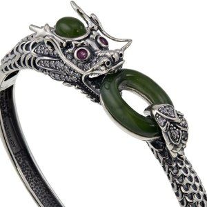 Jade of Yesteryear Nephrite Jade, Ruby and CZ Sterling Silver Dragon Bracelet